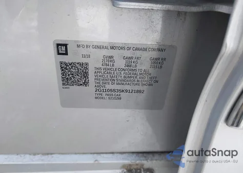 2019 Chevrolet Impala Premier from USA, damaged, VIN 2G1105S35K9121892